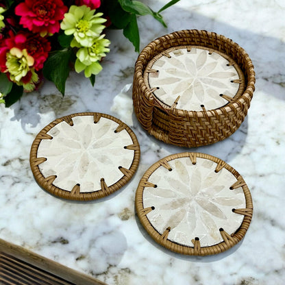 Ivory Floral Capiz Shell Coaster Set with Rattan Holder