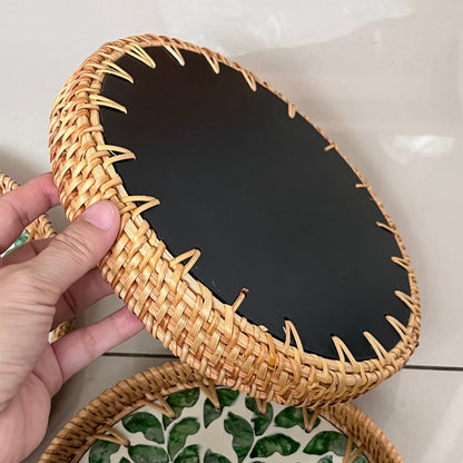 Round Capiz Shell Rattan Tray with Green Leaf Mosaic
