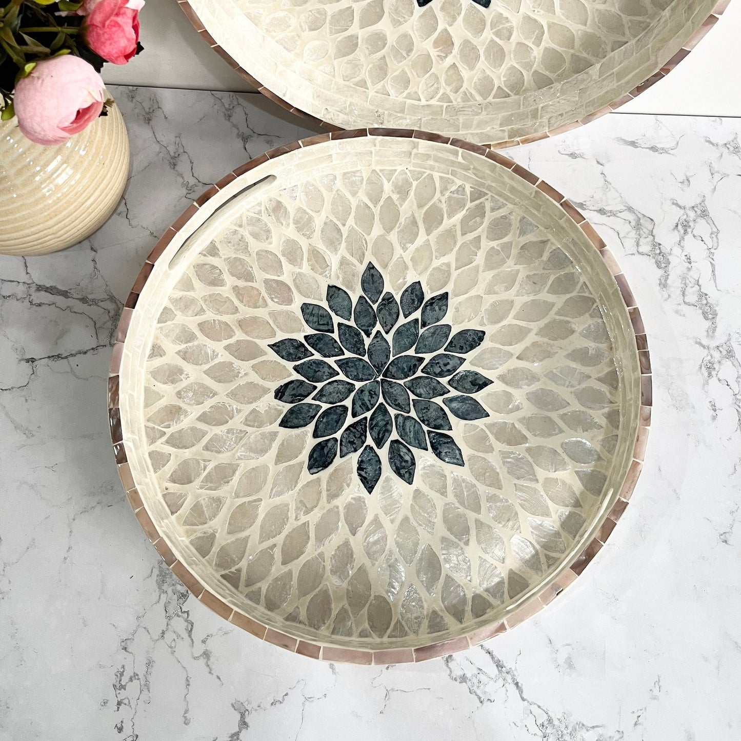 Round Mother of Pearl & Capiz Shell Floral Inlay Tray with Black Center