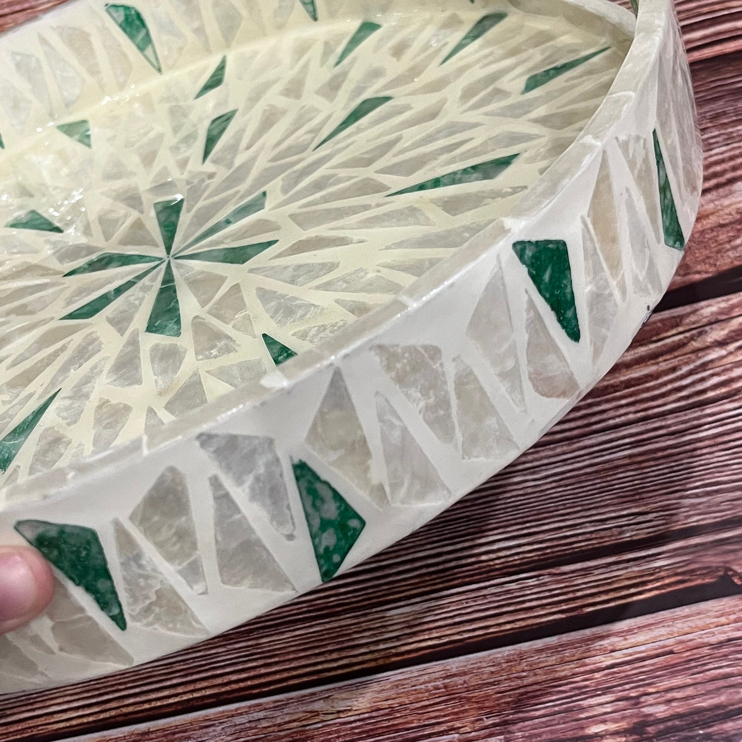 Round Capiz Shell Sunburst Inlay Tray with Green Accents