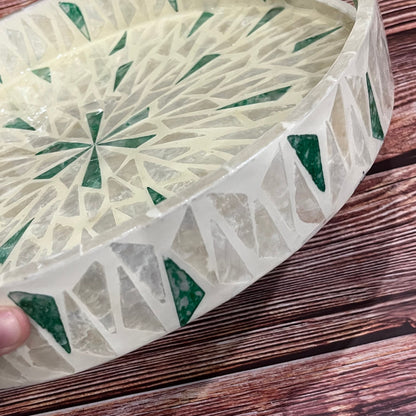 Round Capiz Shell Sunburst Inlay Tray with Green Accents