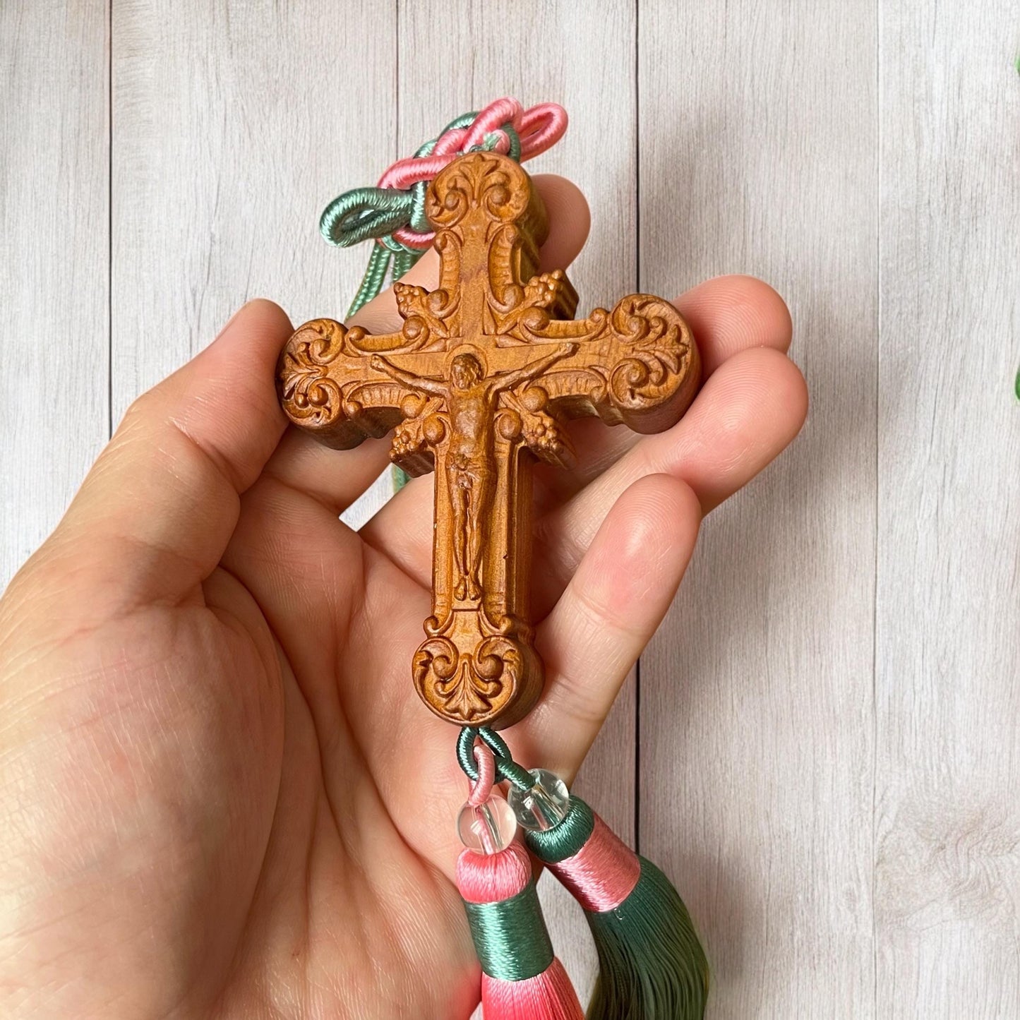 Handmade Wooden Cross Car Charm: Catholic Rearview Mirror Ornament