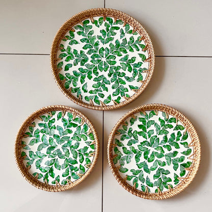 Round Capiz Shell Rattan Tray with Green Leaf Mosaic
