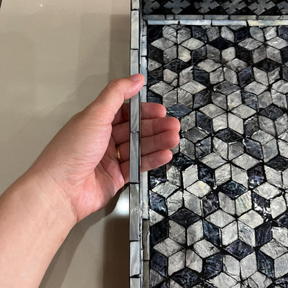 Rectangular Black & White Shell Inlay Tray with Snowflake Pattern