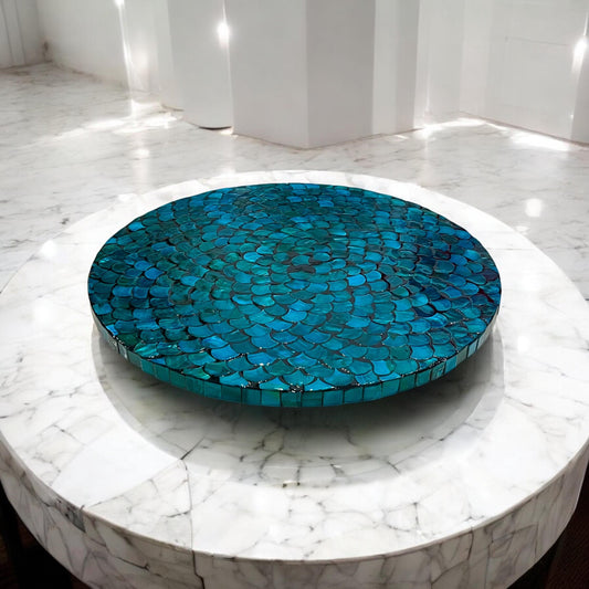 Teal Mother of Pearl Lazy Susan Turntable, Handmade Scallop Inlay Rotating Tray