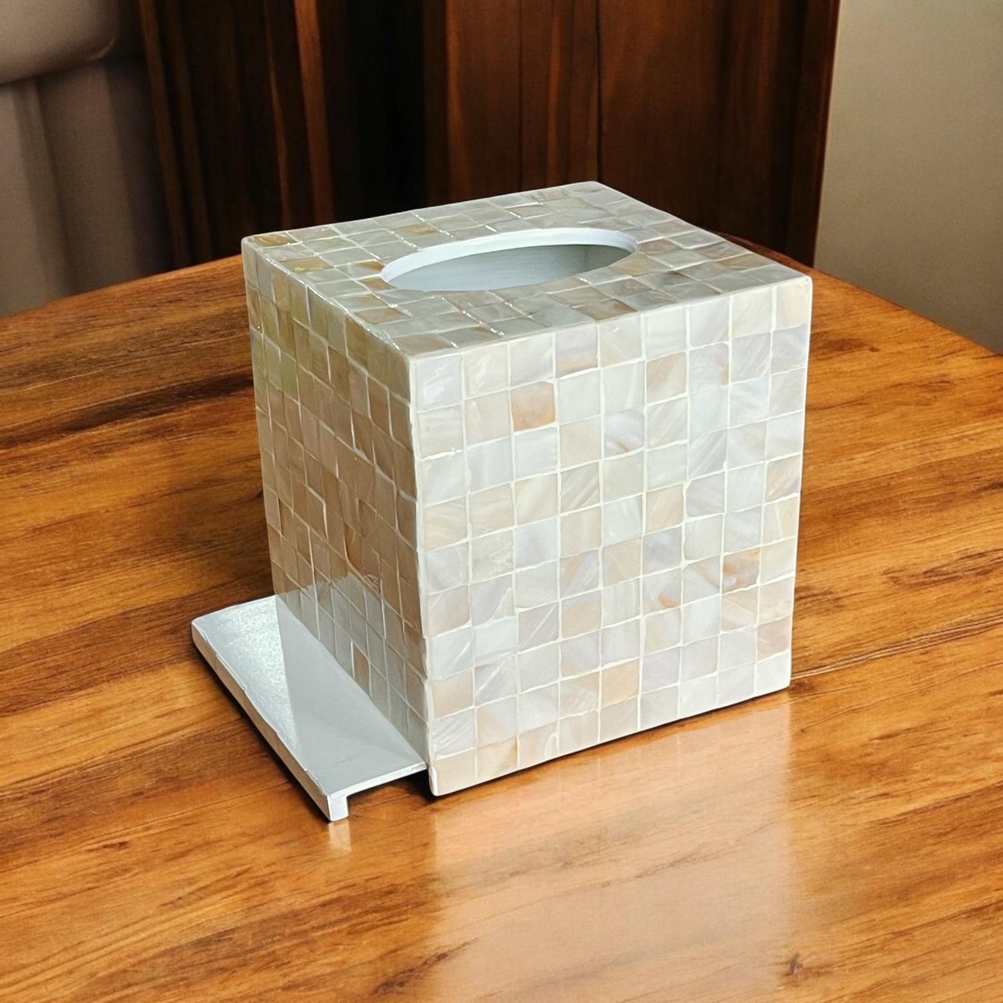 Mother of Pearl Inlay Cube Tissue Box Cover: Ivory Color Square Mosaic Pattern