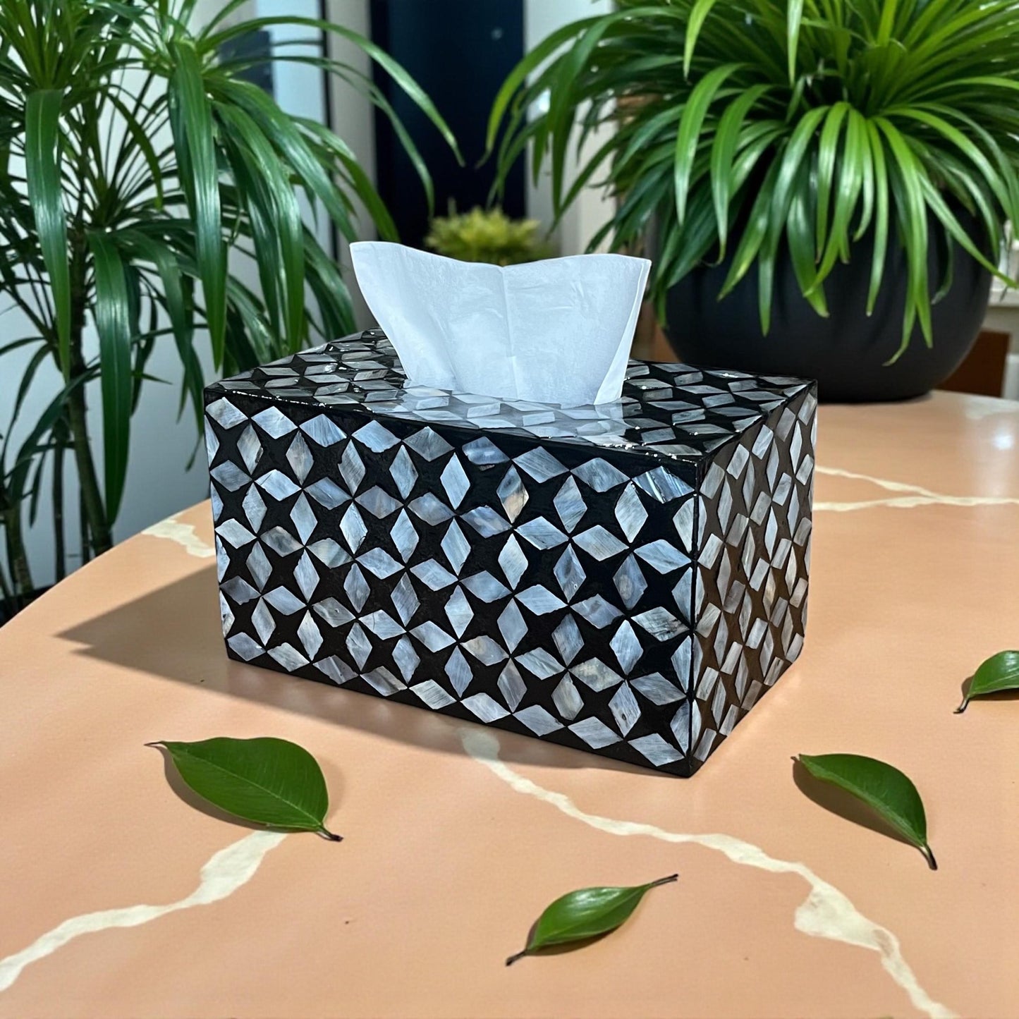 Rectangular Black Geometric Mother of Pearl Tissue Box Cover