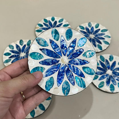 Blue Mother of Pearl Coaster Set with Holder – Handmade Shell Drink Coasters