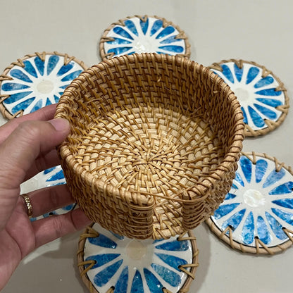 Blue Capiz Shell & Rattan Coaster Set with Handwoven Holder