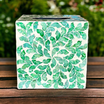Green Leaf Capiz Inlay Square Tissue Box Cover