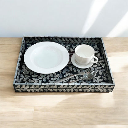 Black Mother of Pearl & Capiz Shell Leaf Inlay Tray