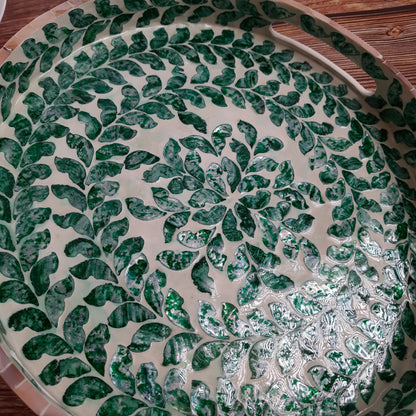 Round Capiz Shell Inlay Tray with Green Leaf Pattern – Decorative Coffee & Serving Tray