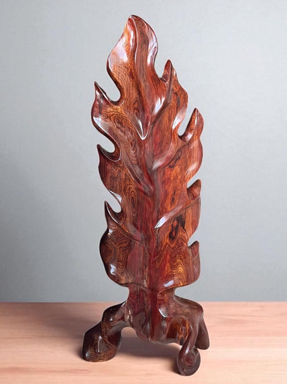 Hand-Carved Rosewood Oak Leaf Sculpture: Natural Wood Decor 31 in Tall