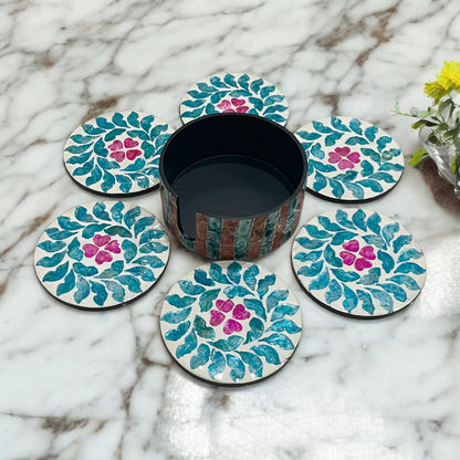 Capiz Shell Coasters Set: Blue Leaves, Pink Flowers, Round Coasters with Holder