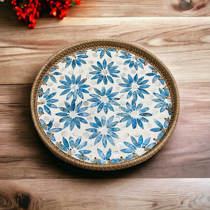 Round Rattan Tray with Blue Capiz Shell Inlay – Handmade Floral Serving Tray