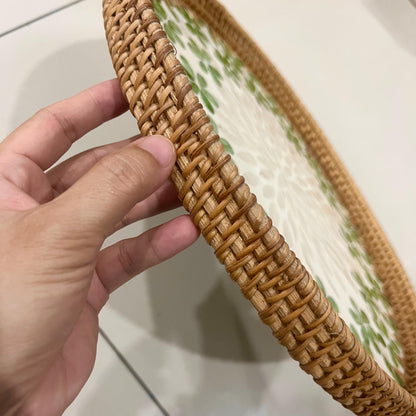 Green flower Hand-woven Rattan & Capiz Shell Serving Tray