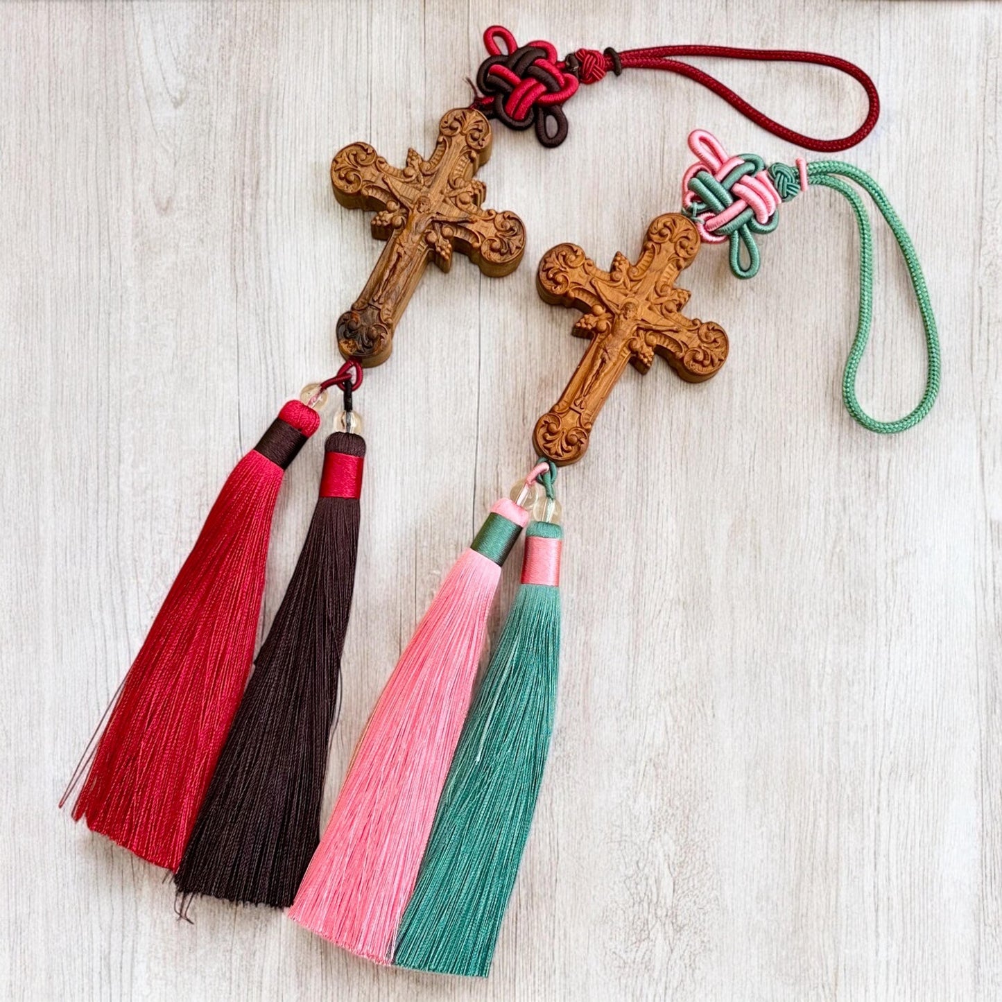 Handmade Wooden Cross Car Charm: Catholic Rearview Mirror Ornament