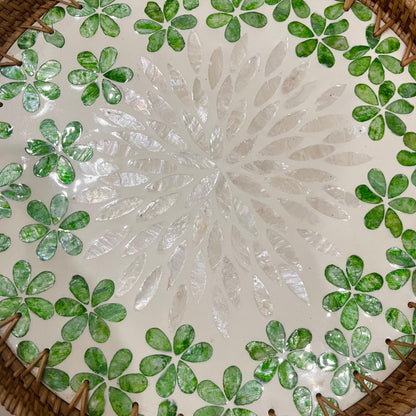 Green flower Hand-woven Rattan & Capiz Shell Serving Tray