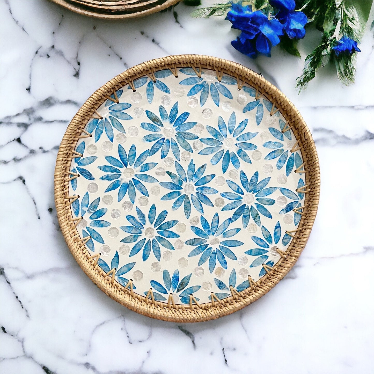 Round Rattan Tray with Blue Capiz Shell Inlay – Handmade Floral Serving Tray
