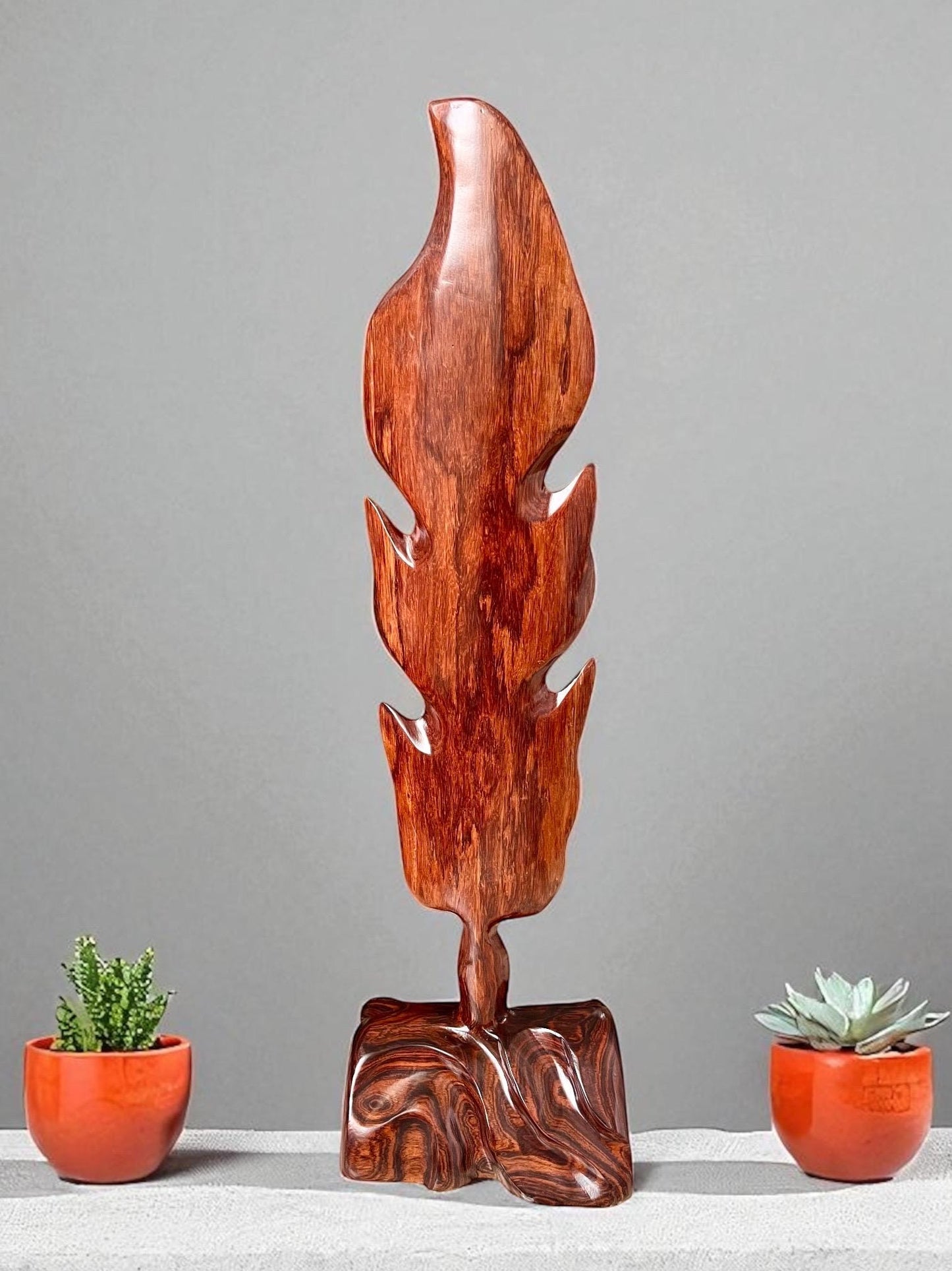 Hand-Carved Rosewood Oak Leaf Sculpture: Natural Wood Decor 27'' tall