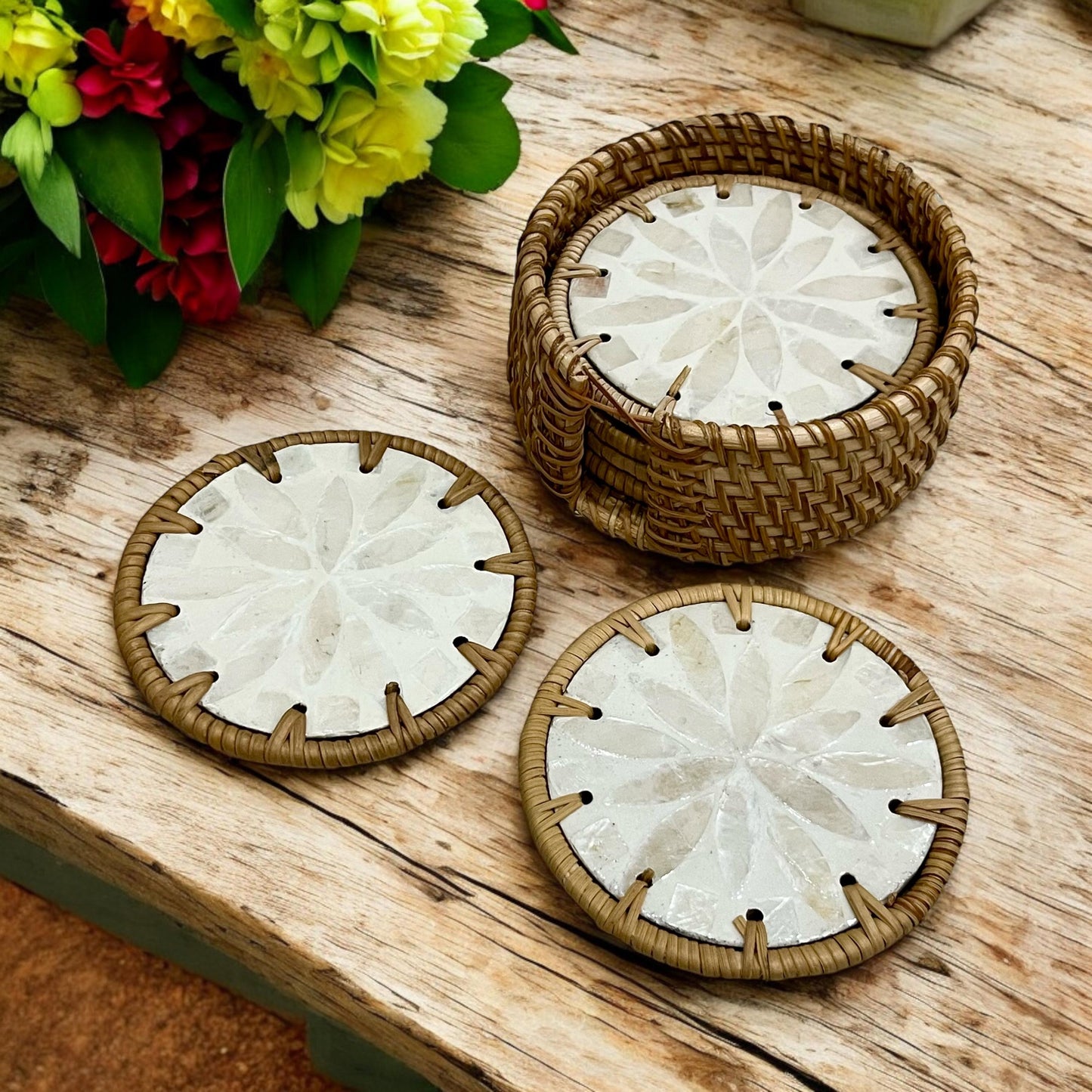 Ivory Floral Capiz Shell Coaster Set with Rattan Holder