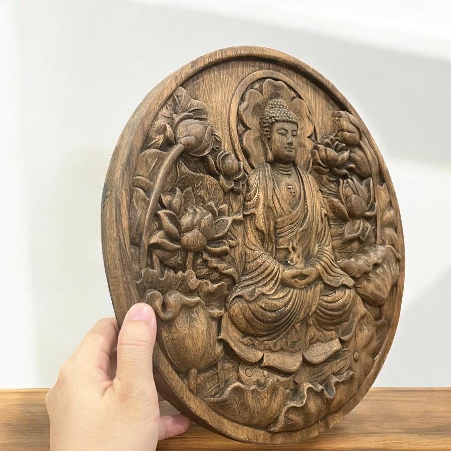 Wood Carved Amitabha Buddha Wall Art 30cm 11.8 inches diameter