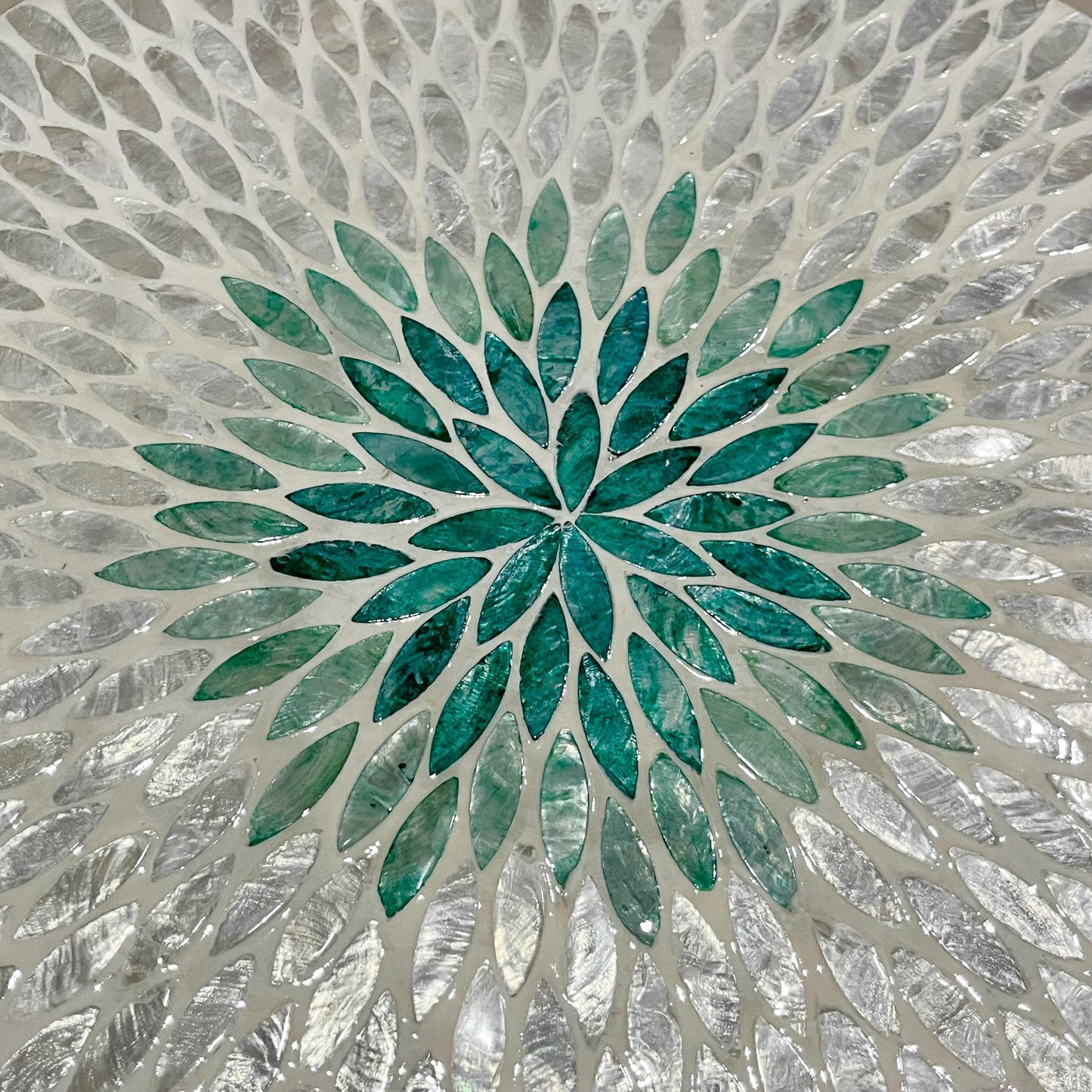 Capiz Shell Lazy Susan: White & Green leaf floral pattern