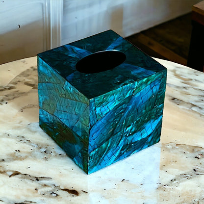 Blue Teal Square Mother of Pearl Tissue Box Cover