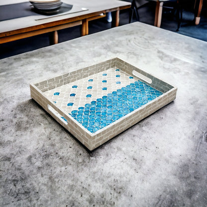 Rectangular Blue & White Mother of Pearl Scallop Inlay Tray