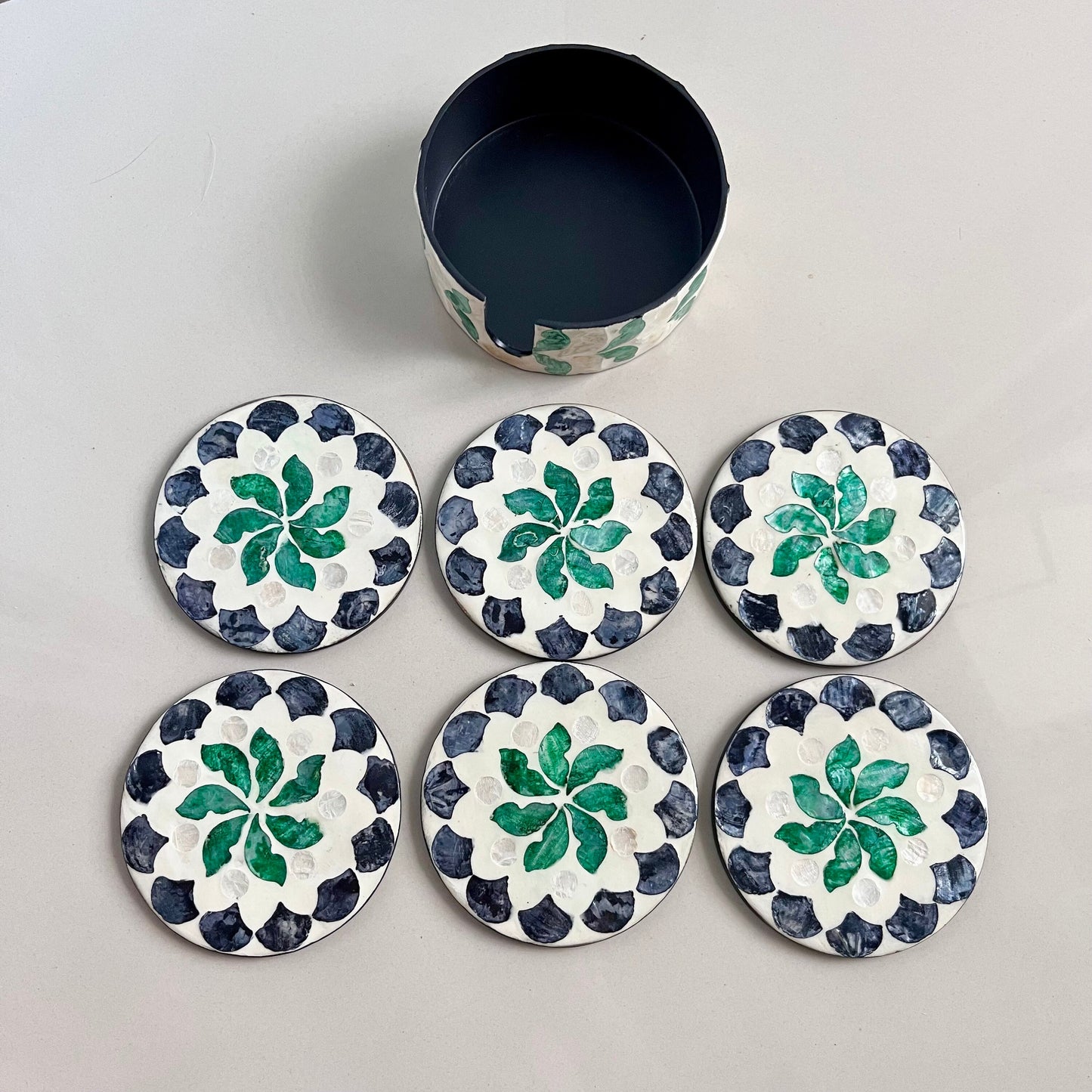 Green Floral Capiz Shell Coaster Set with Holder