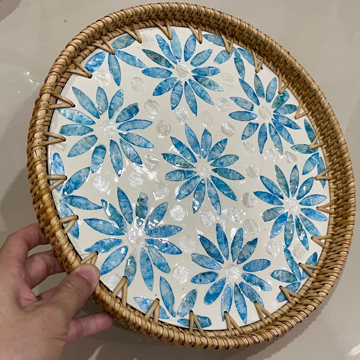 Round Rattan Tray with Blue Capiz Shell Inlay – Handmade Floral Serving Tray