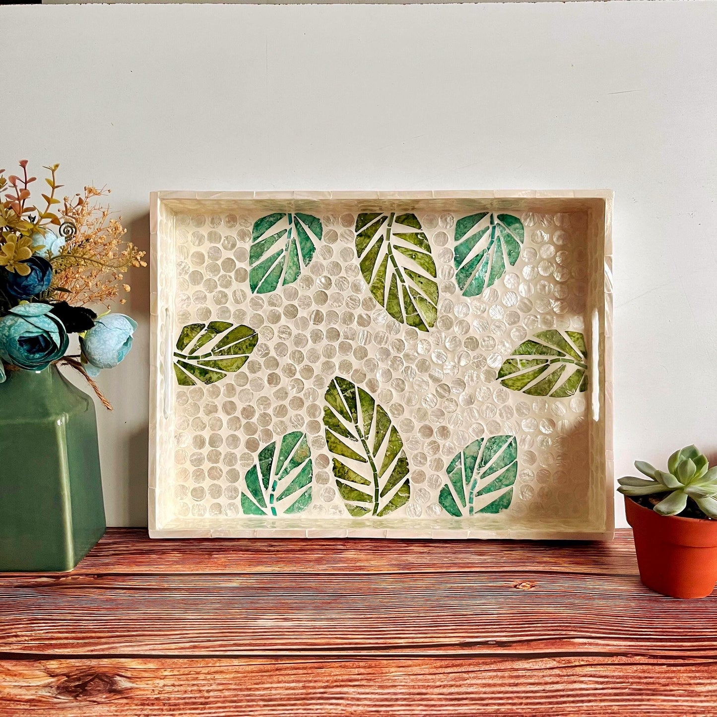 Green Leaf Capiz Shell Rectangular Tray with Handles