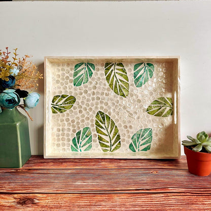 Green Leaf Capiz Shell Rectangular Tray with Handles