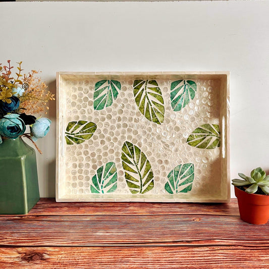 Green Leaf Capiz Shell Rectangular Tray with Handles