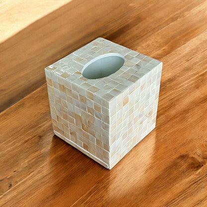 Mother of Pearl Inlay Cube Tissue Box Cover: Ivory Color Square Mosaic Pattern