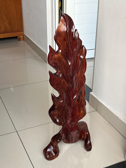 Hand-Carved Rosewood Oak Leaf Sculpture: Natural Wood Decor 31 in Tall