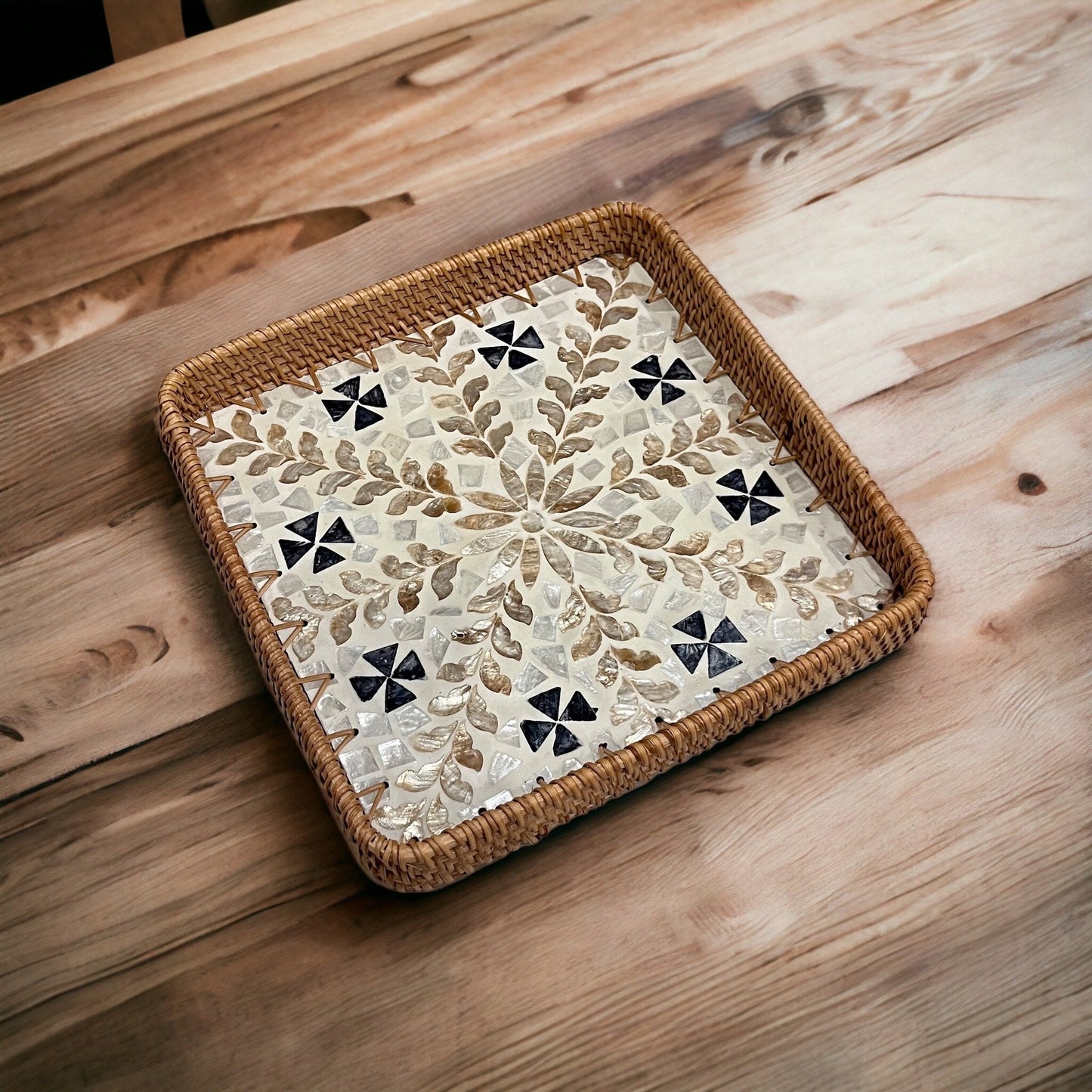 Square Capiz Shell Rattan Tray – Handmade Floral Mosaic Woven Serving Tray