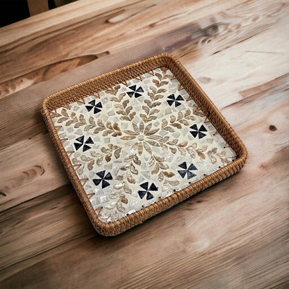 Square Capiz Shell Rattan Tray – Handmade Floral Mosaic Woven Serving Tray