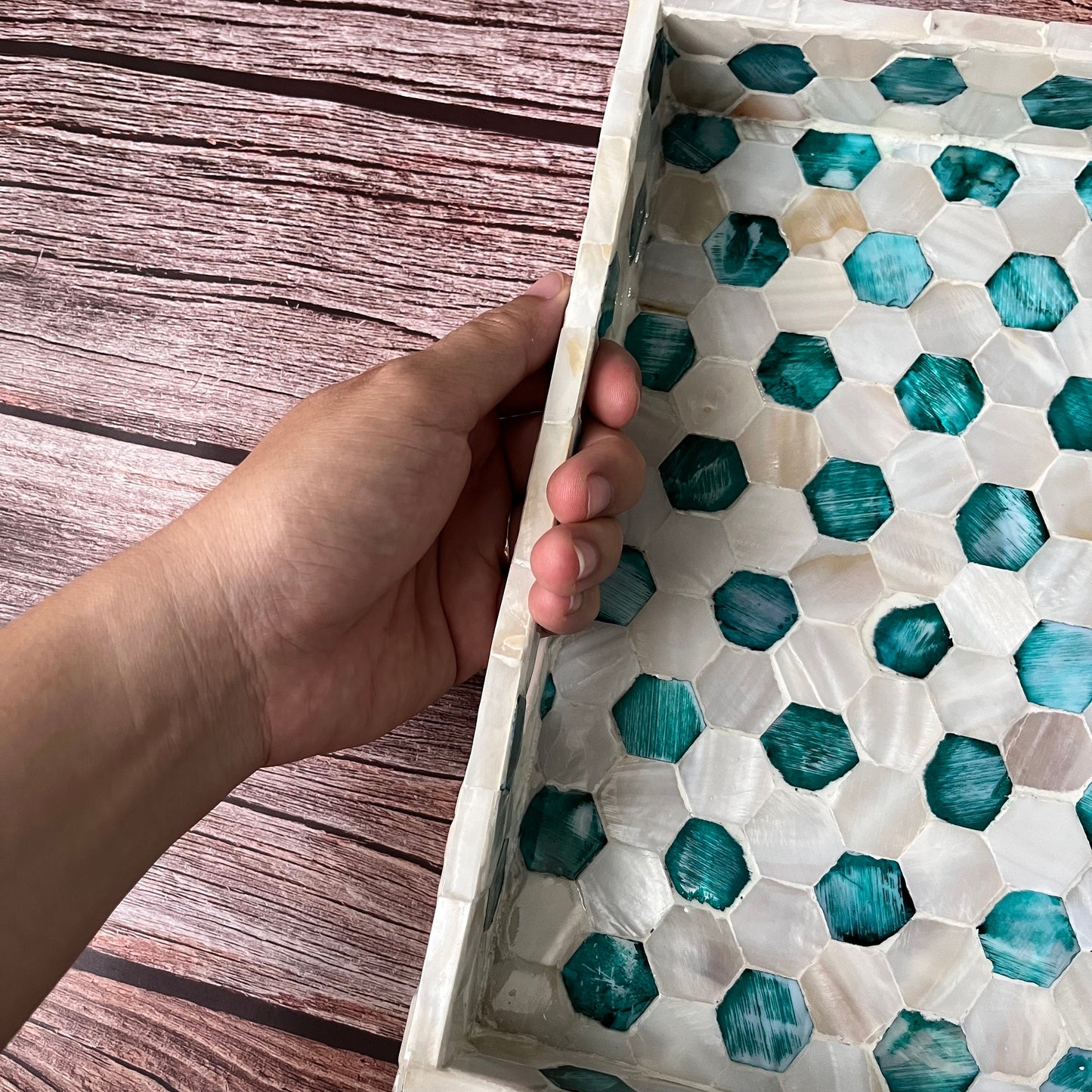 Mother of Pearl Serving Tray: Handmade Honeycomb Inlay, Vietnamese Craft