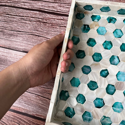 Mother of Pearl Serving Tray: Handmade Honeycomb Inlay, Vietnamese Craft