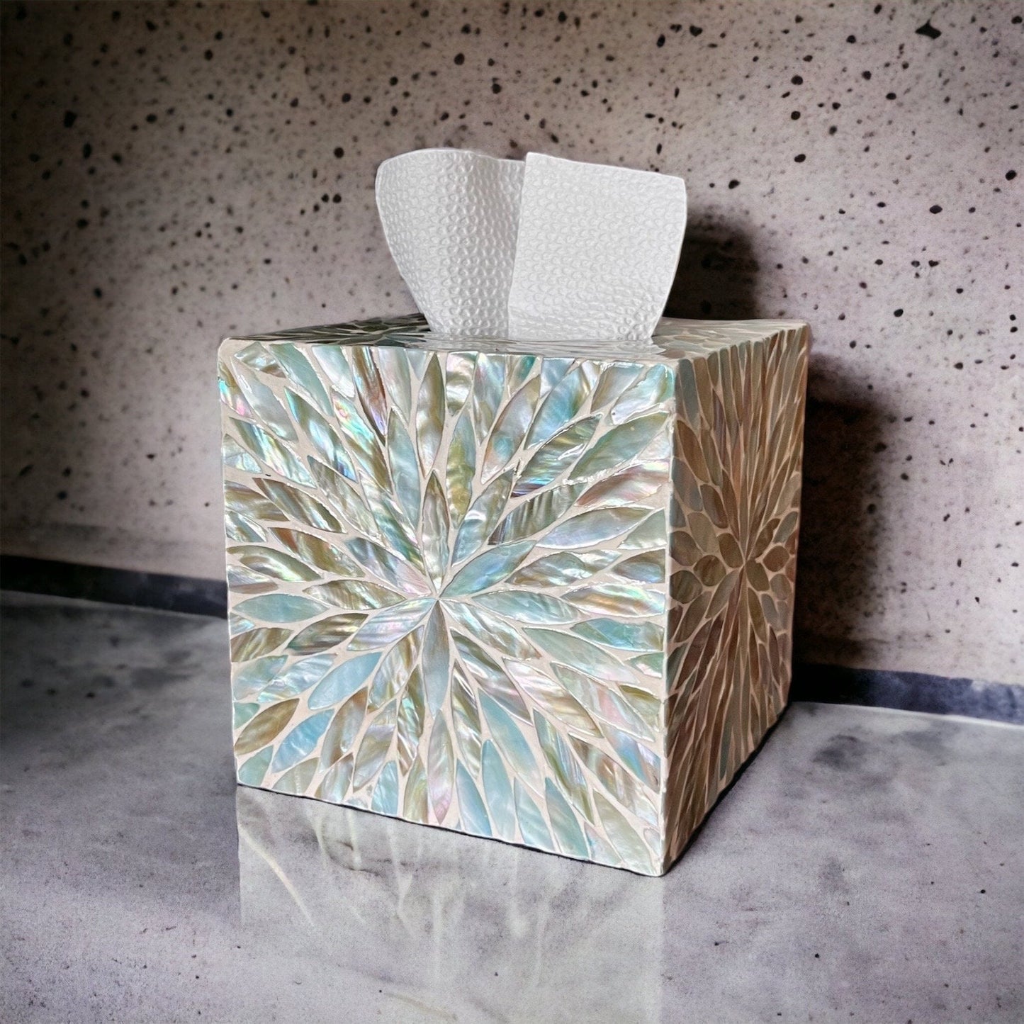 Blue Ivory Mother of Pearl Tissue Box Cover – Square Floral Burst Design with Sliding Bottom