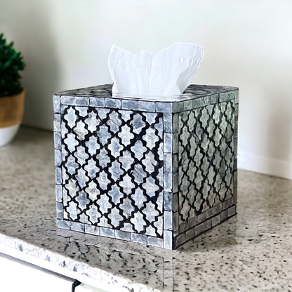 Black & Ivory Capiz Shell Tissue Box Cover – Square Moroccan Pattern MDF Holder