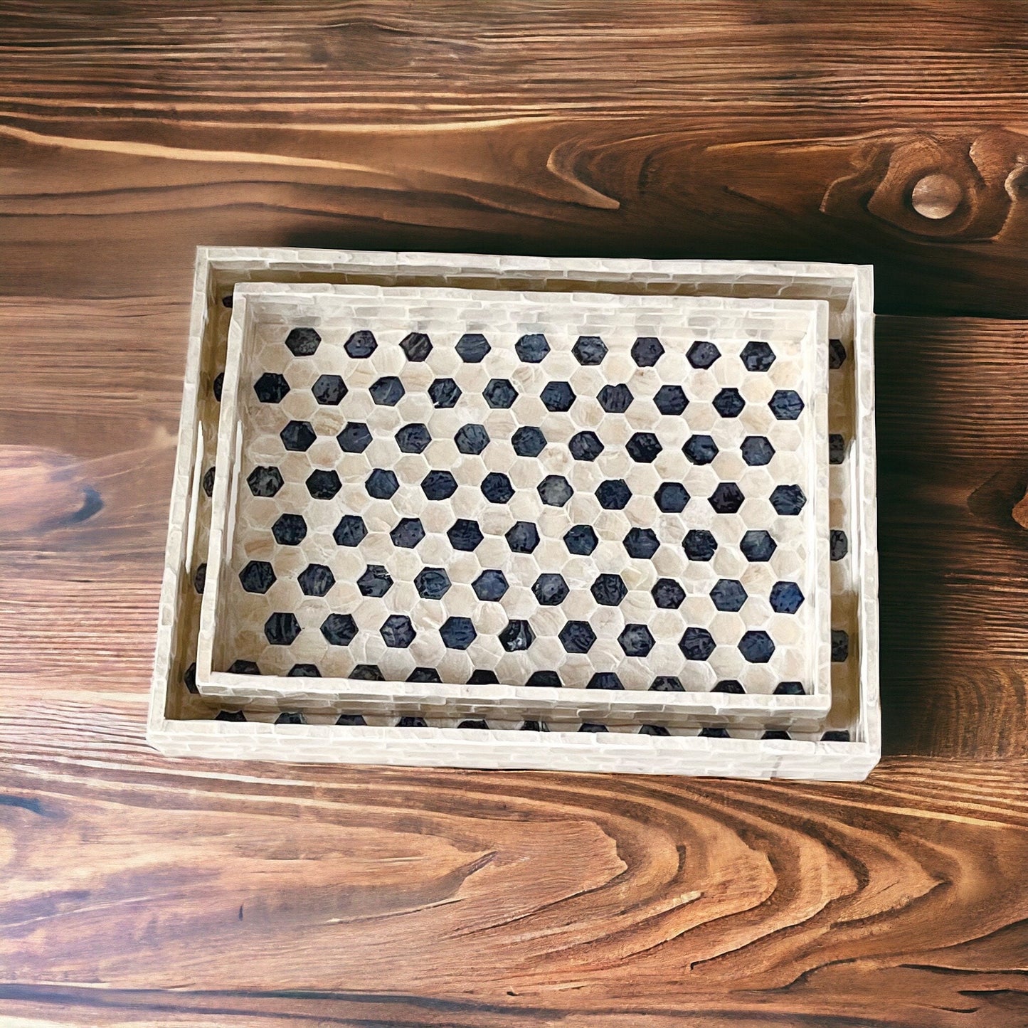 Rectangular Black & Ivory Capiz Shell Hexagon Inlay Tray