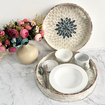Round Mother of Pearl & Capiz Shell Floral Inlay Tray with Black Center
