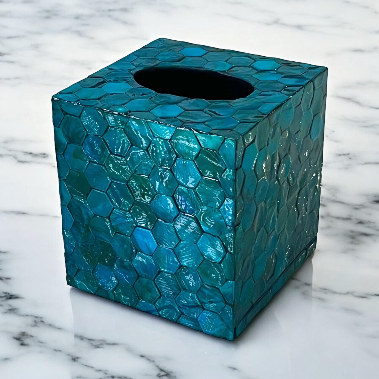 Square Blue Teal Hexagon Mother of Pearl Tissue Box Cover