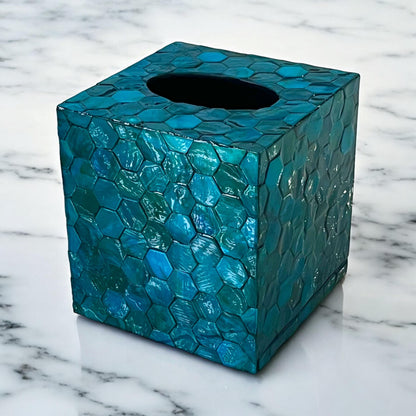 Square Blue Teal Hexagon Mother of Pearl Tissue Box Cover
