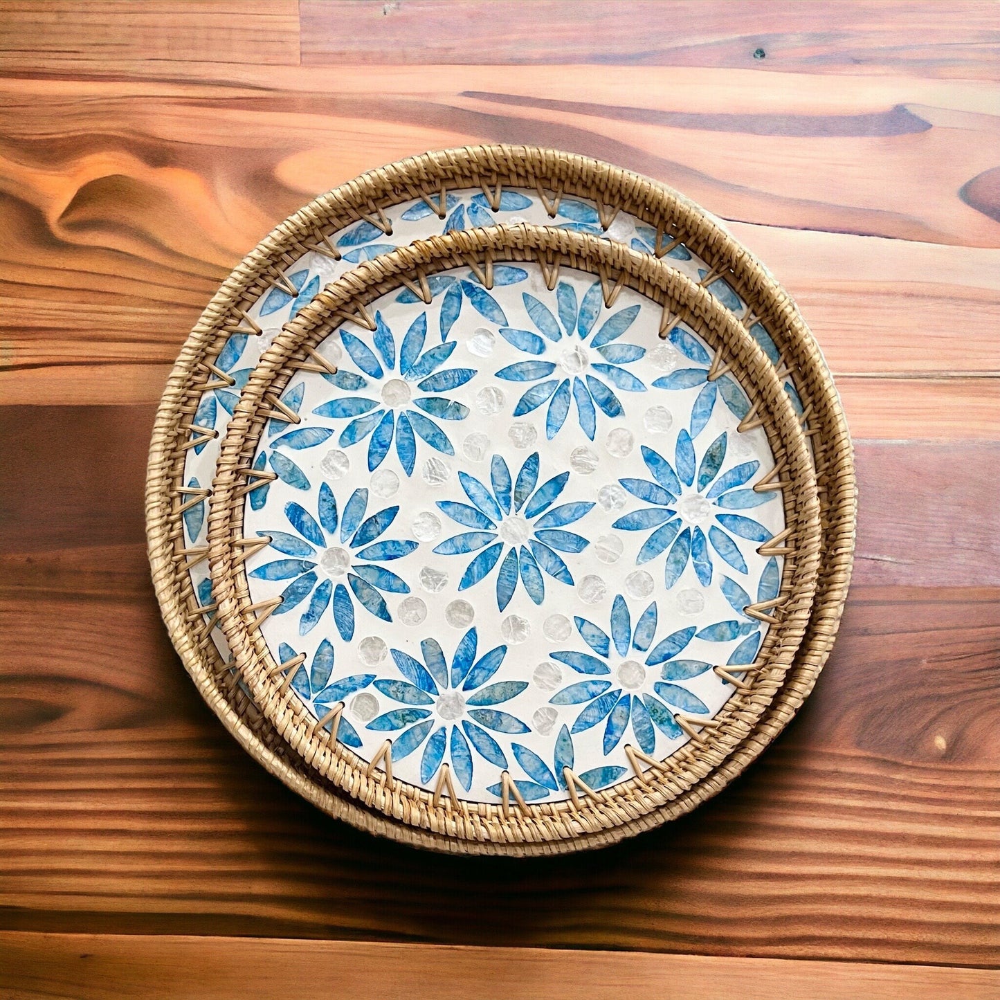 Round Rattan Tray with Blue Capiz Shell Inlay – Handmade Floral Serving Tray