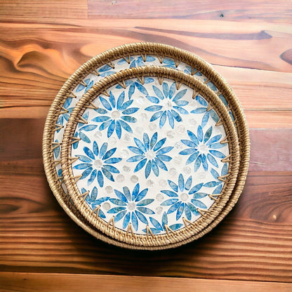 Round Rattan Tray with Blue Capiz Shell Inlay – Handmade Floral Serving Tray