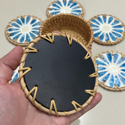 Blue Capiz Shell & Rattan Coaster Set with Handwoven Holder