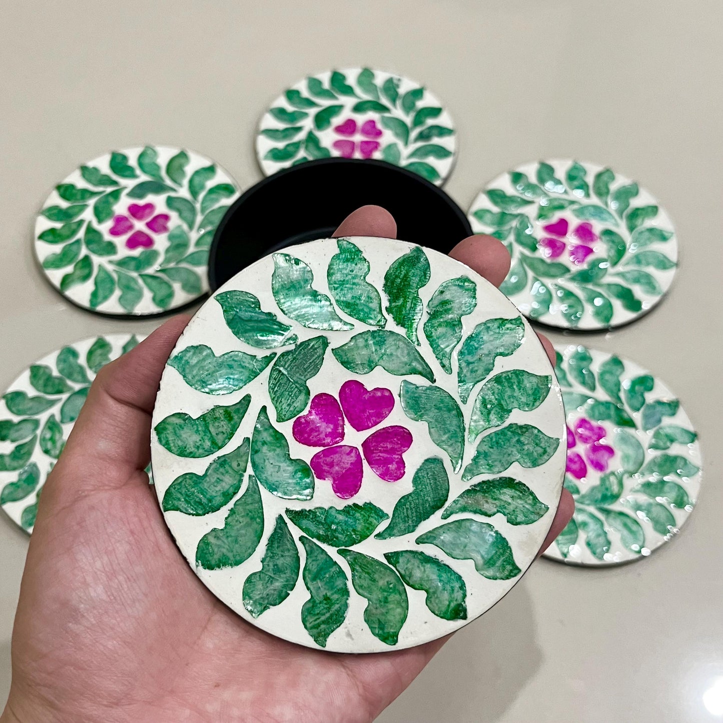 Floral Capiz Shell Coaster Set with Holder – Handmade Decorative Drink Coasters